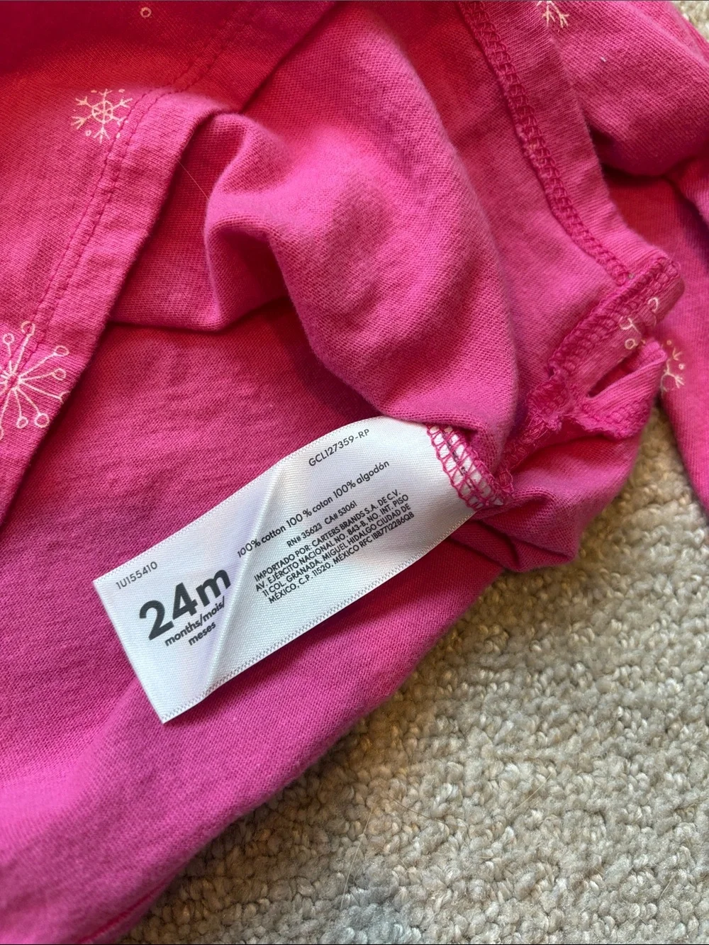 NWOT Carter's Hot Pink Long-Sleeve Pocket Tee with Sparkle Snowflakes
